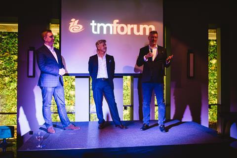 TM Forum chief executive Nik Willetts, Mark Smith and IBC chief executive Michael Crimp address those in attendance at the IBC & TM Forum MWC 19 networking event
